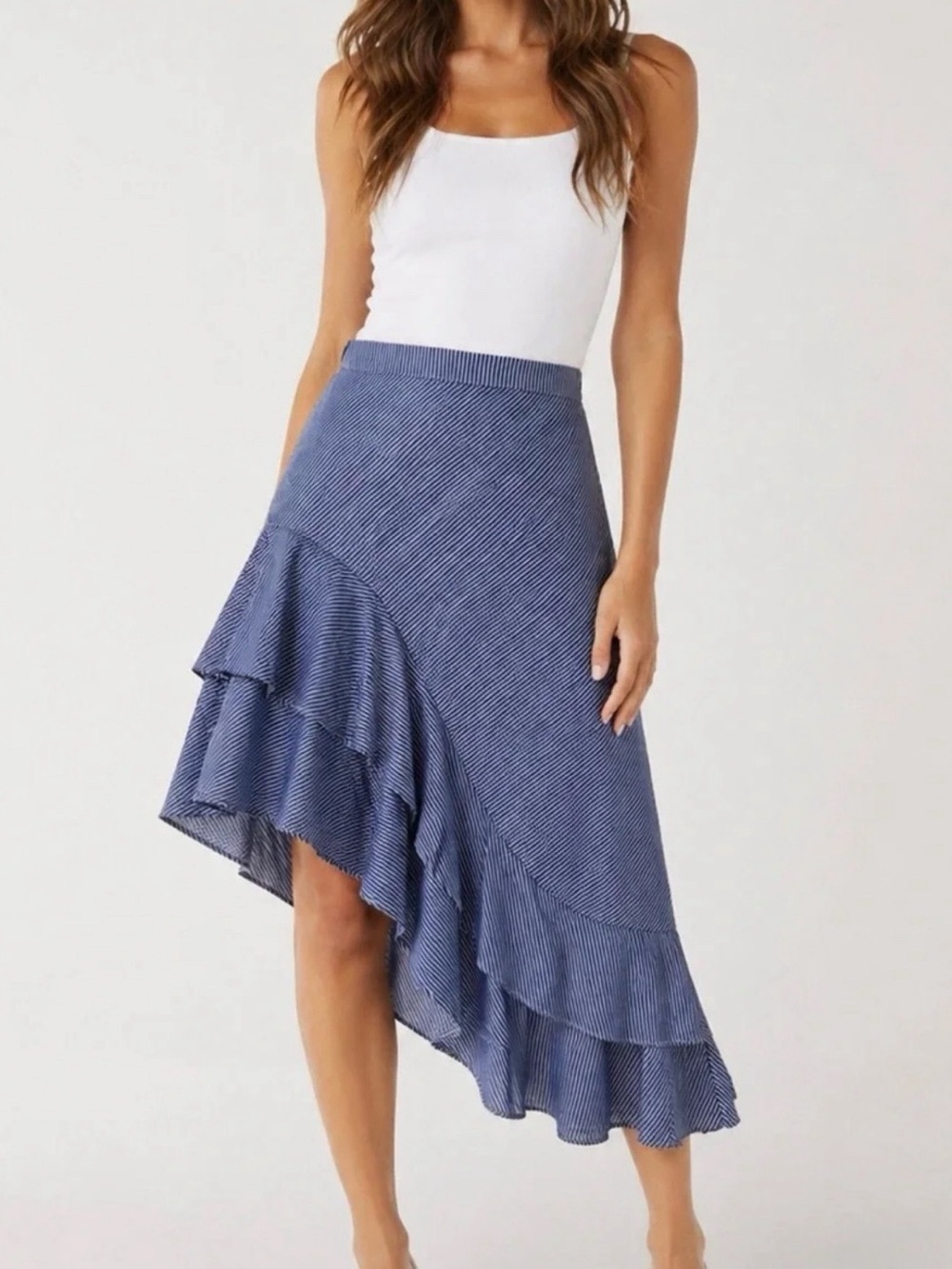 a new day blue & white pinstripe asymmetrical ruffle hem skirt